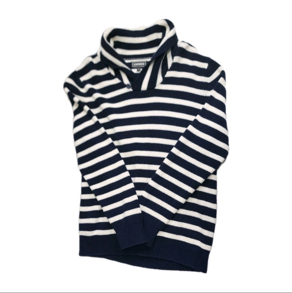 Express Women’s Navy & White Striped Shawl Collar Sweater - 100% Cotton - Size M